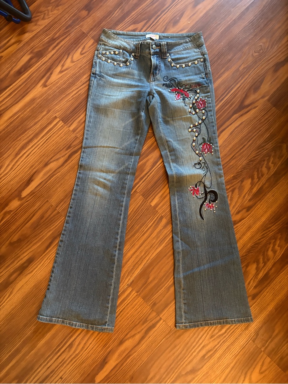 Candie's Blue Denim Flare Jeans with Pink Floral Embroidery and metal studs